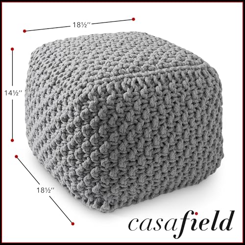 Casafield Square Pouf Ottoman, Light Gray 18.5" W x 18.5" D x 14.5" H Cotton Knit Foot Stool - Boho Floor Pouffe for Living Room, Bedroom, Home Office - color: Light Gray, size: 18.5"D x 18.5"W x 14.5"H
