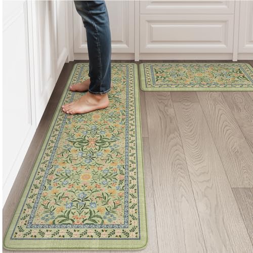 Collive Green Kitchen Mats for Floor, Cushioned Anti Fatigue Mat Non Skid Waterproof Kitchen Rugs Set of 2, Beige Vintage Comfort Standing Desk Rug for Office, Sink, Laundry, 17"x30"+17"x59" - color: Green, size: 17.3"x59"+17.3"x29"