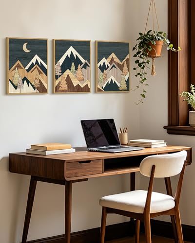KUVIOKE Morden Mountains Framed Wall Art Boho Pine Tree Forest Nature Landscape Artwork Bohemain Farmhouse Rustic Home Decor 12x16in (Natural Framed) - color: Wooden Mountain, size: 12 x 16in x 3 Panels Natural