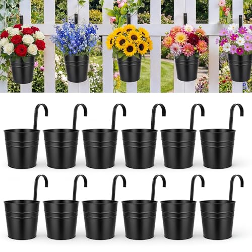 HowRU Hanging Flower Pots, Railing Planter Box for Outdoor Plants 12 Pack 5 Inch Metal Hanging Planters with Detachable Hooks Balcony Window Fence Garden Decoration Flower Boxes (Black) - color: Black