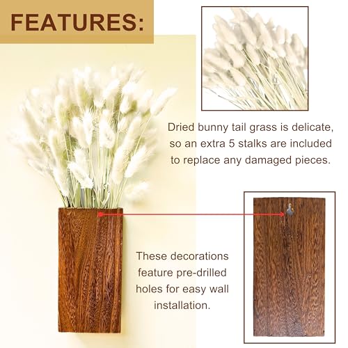 LaLaGreen Wood Wall Planters (8 Inch, 2 Pack) 150 Stalks Rabbit Tail Grass White Dried Flower Wooden Box Vase for Indoor Hanging Planter Modern Rustic Decor Home Living Room Bathroom Trendy Decoration - color: Bunny Tail Cream White