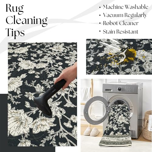 Black Runner Rugs 2x6 for Hallway Kitchen Bedroom Beside Laundry Room Bathroom Rug Boho Modern Washable Non Slip Low Pile Stain Resistant Soft Long Carpet Mat Black Cream Beige Taupe Floral Pattern - color: Sketch Floral Black, size: 2' x 6' (Rectangular)