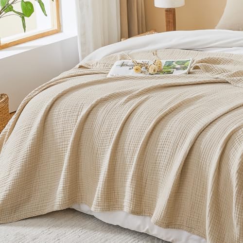 EMME Cotton Muslin Throw Blanket Couch Breathable Gauze Soft Lightweight Bed Blankets Adults (Heather Beige, 50"x60") - color: 03 - Beige, size: Throw (50" X 60")