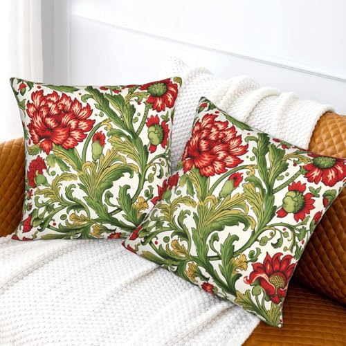 Vintage Floral Decorative Pillow Covers 18x18 Set of 2 Red Flower Green Leaf Pillow Cases Spring Floral Cushion Cases Spring Home Decor for Couch Sofa Bed - color: Floral, size: 18" x 18" (Pack of 1)