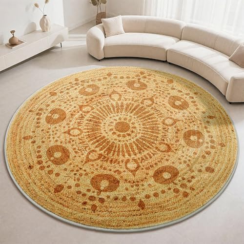 Carvapet 6 ft Round Washable Rug, Imitation Jute Low Pile Circle Carpet with Non Slip Rubber Backing, Foldable Stain Resistant Area Rug for Living Room Bedroom Office Bathroom - color: S-brown, size: 6' (Round)