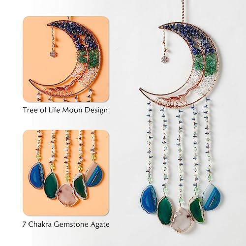 Agate Gemstone Dream Catcher 7 Chakra Tree of Life Dream Catcher with Rainbow Crystal Stones Handmade Dreamcatcher Wall Decor for Adults Boys Girls,Bedroom,Wedding,Garden,Bless Gift(Blue&Green Moon) - color: Blue+green Moon Agate