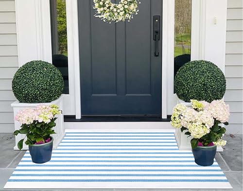 Striped Area Rug 27.5"x43",Light Blue and White Farmhouse Front Porch Rug Cotton Woven Washable Entryway Rug Indoor Outdoor Front Door Mat for Porch/Entryway/Home Entrance Decor - color: Blue White, size: 2'4" x 3'7" (Rectangular)
