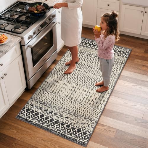 Moroccan Washable Rug for Entryway, 2x4 Black Distressed Non-Slip Door Mat Indoor Entrance, Soft Low-Pile Accent Rug Boho Area Rug for Bedroom Bathroom Kitchen - color: Black, size: 2' x 4' (Rectangular)