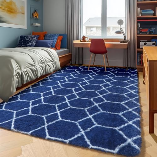 ONASAR Area Rugs for Bedroom Living Room, 4x6 Fluffy Navy Blue and White Throw Rug for Home Decor, Geometric Soft Shaggy Plush Floor Carpet for Kids Girls Boys Teen Nursery Dorm Office - color: 7- Navy / White, size: 4' x 6' (Rectangular)