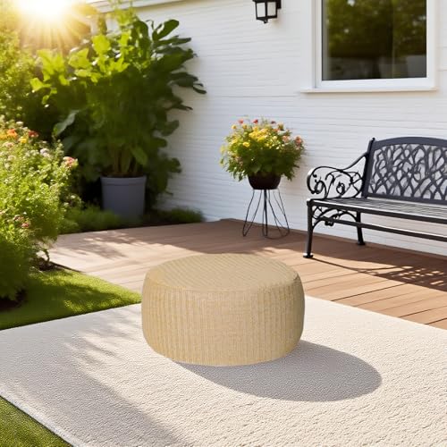 Outdoor Inflatable Ottoman with Air Pump, Fade-Resistant Patio Footrest Stool D21”x H9”, Round Pouf Ottoman with Portable Handle Suitable for Garden, Camping, Bedroom, Living Room - color: Beige