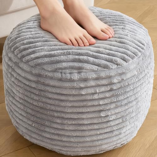 Round Ottoman,Corduroy Pouf Ottoman Foot Rest,Storage Footstool for Living Room,20x15 Soft Floor Poufs,Memory Foam Filling - Light Grey, 20x15 in - color: Light Grey, size: 20"D x 20"W x 15"H