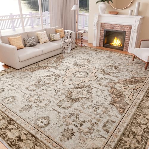AMTOVO 8x10 Area Rugs for Living Room, Large Non-Slip Washable Rug, Boho Vintage Retro Medallion Print Pattern Carpet for Bedroom Dining Room Home Office Nursery Dorm Farmhouse, Light Brown - color: Light Brown, size: 8' x 10' (Rectangular)