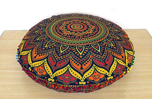 CRAFT KALA Mandala Floor Pillow Cushion Cover Seating Throw Cover Hippie Decorative Bohemian Ottoman Poufs Pom Pom Pillow Cases Boho Indian Cotton Living Room Yoga Home Décor 24" Round, New Blue Ombre - color: New Blue Ombre, size: 24" x 24" (Pack of 1)