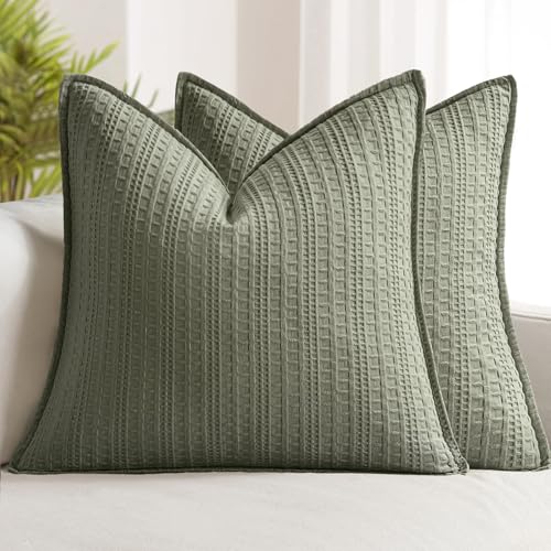 Set of 2 Decorative 100% Cotton Waffle Throw Pillow Covers 20x20, Neutral Euro Shams Weave European Cushion Cases for Couch Sofa Bed Modern Farmhouse Home Decor, Olive Green - color: Olive Green, size: 20" x 20" (Pack of 2)