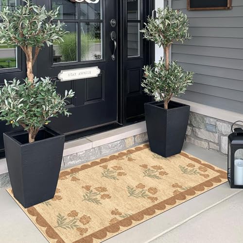 Front Door Mat Indoor Entrance - 2x4.3 Ft Tan Floral Washable Layered Doormat Outdoor Entrance Porch Rug Non-Slip Neutral Country Jute-Look Runner Rug for Kitchen Mud Laundry Room Porch Decor - color: Flower - Wheat/Tan/Sage, size: 2' x 4'3" (Rectangular)