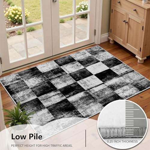 Distressed Plaid Rug for Living Room, Black and White Checkered Area Rugs, 3x5 Rug, Abstract Modern Carpet, Contemporary House Decor, Carpet for Bedroom, Washable Rugs, Soft Non Slip Low Pile - color: Black2, size: 3x5 ft