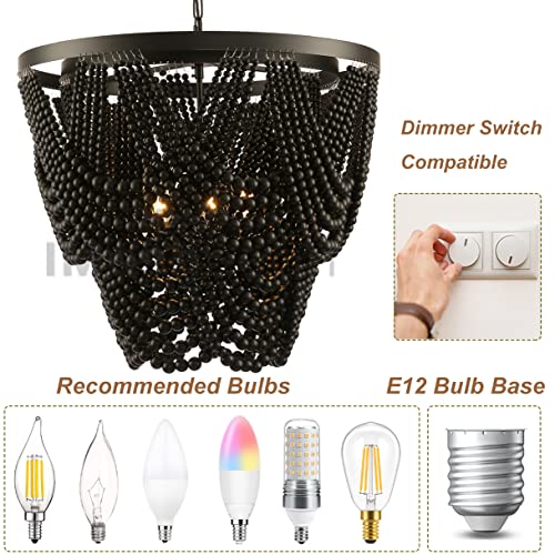 Boho Chandelier, Black Wood Beaded Chandelier Bohemia Light Fixture, Rustic Farmhouse Ceiling Light Fixture for Dinning Room Bedroom Living Room, 25.5 inch OD - color: Black 25.5"