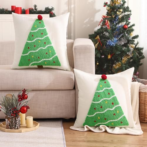 Christmas Tufted Pillow Covers 20 x 20 Inch Set of 2 Green Xmas Tree Throw Pillow Cover Christmas Party Decor Winter Holiday Cushion Case for Sofa Couch Bed Living Roomr - color: Green Christmas Tree, size: 20" x 20" (Pack of 2)