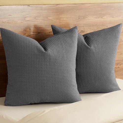 PHF 100% Cotton Waffle Weave Throw Pillow Cover, 22" x 22", No Filling, 2 Pack Elegant Home Decorative Square Throw Pillow Covers for Bed Couch Sofa, Charcoal Grey - color: Charcoal Grey, size: 22" x 22" (Pack of 2)