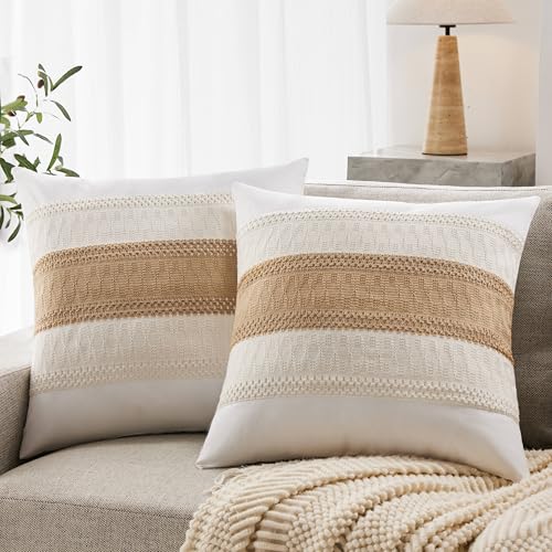 Soft Cotton Boho Throw Pillow Covers Set of 2, Natural White/Contrast Brown 22x22 Inch, Tan Farmhouse Decorative Cushion Covers for Sofa Bed Living Room Home Decor - color: Natural White/Contrast/Brown, size: 22" x 22" (Pack of 2)