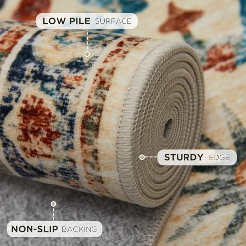 Joydeco 5x7 Area Rugs for Living Room, Non Slip Machine Washable Vintage Rug, Low Pile Chenille Print Rugs for Bedroom, Dining Room, Home Office, Pet & Child Friendly, Beige & Blue & Reddish-Brown - color: Beige&blue&reddish-brown, size: 5' x 7' (Rectangu