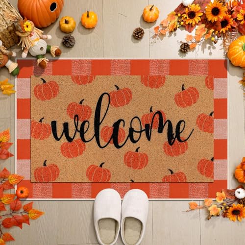 Moucuny 2 Pcs Fall Doormat Pumpkin Welcome Door Mat Outdoor Autumn Non Slip Coir Front Door Mat Orange and White Plaid Checked Rug for Fall Thanksgiving Indoor Outdoor Porch Entrance Layering Decor - style: Pumpkin