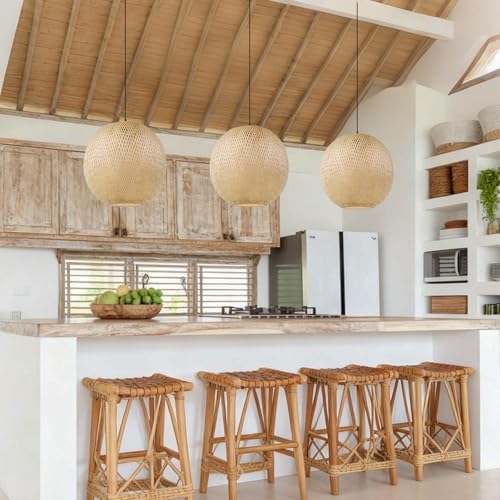 Arturesthome 15.7" Bamboo Pendant Lights, Round Wicker Chandelier, Hand-Woven Boho Basket Lampshade Hanging Ceiling Light for Kitchen Island Living Room - size: 15.7″W x 14″H