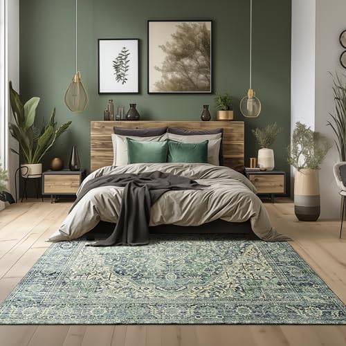 BILEEHOME Green Area Rug 5x7 Machine Washable Rug for Bedroom Living Room Boho Vintage Oriental Farmhouse Floral Carpet, Dark Green - color: Dark Green, size: 5' x 7' (Rectangular)