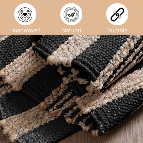 Area Rug Farmhouse 2x3 Feet - Hand Woven Jute Cotton Rug Bohemian Rustic Vintage - Non Slip Floor Rug for Bedroom Living Room Kitchen Dorm Entryway Hallway - Area Rug Natural Black - color: Natural Black, size: 2'x3'