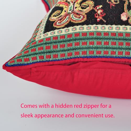 Decorative Woven Jacquard Throw Pillow Covers 18x18 Inches, Luxury Ethnic/Paisley Cushion Cover with Red Piping and TC Fabric Back, Black Multi-Color Square Pillowcase Shell Only - color: Black: Paisley Pattern
