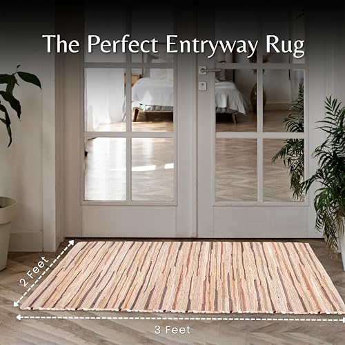 Cotton Hand Woven Chindi Rug 2x3 Feet - Beige, Decorative Soft Throw Indoor Floor Rag Rugs Ideal for Entryway, Kitchen, Kids Room | Durable Lightweight Neutral Home Space Dhurrie for Costal Décor - color: Beige, size: 2 x 3 feet