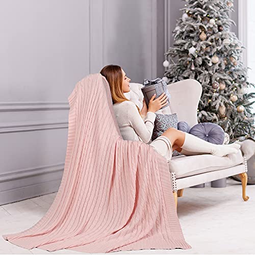 uxcell 100% Cotton Knitted Throw Blanket for Sofa and Couch Soft Lightweight Cable Knit Blanket Home Decors Blanket, Millennial Pink 50" x 60" - color: Millennial Pink, size: Throw (50" *60")