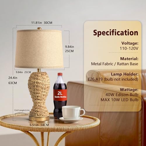 24.4" Boho Table Lamps for Living Room, Bedside Lamp for Nightstands, Rattan Lamp Wicker Lamp for Bedroom, Farmhouse Rustic Woven Table Lamp for Kitchen Room Decor, End Table, Retro(No Bulb) - color: Rattan-B
