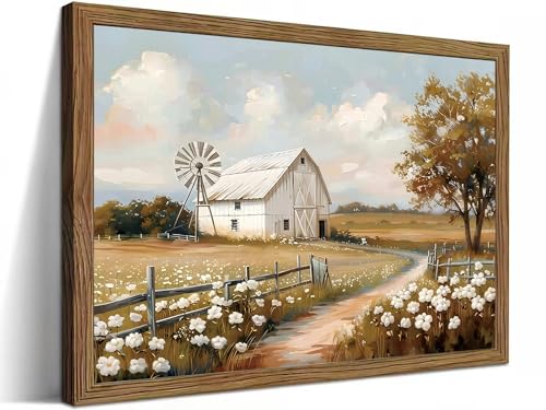 LBTZEVIR Framed Barn Windmill Poster Print Farmhouse Wall Art for Bedroom, Living Room & Kitchen Rustic Home Decor Gift French Countryside Style Painting 16x12 - color: Barn Windmill, size: 16"L x 12"W