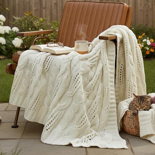 Amélie Home Chunky Knit Throw Blanket, Dual-Sided Soft Chenille Breathable Cable Knitted Blanket for Couch, Farmhouse Decorative Throw for Sofa & Chair, 50"x60", Ivory - color: Ivory, size: Cable Knit 50"x60"