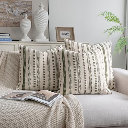 Cethom Green Boho Throw Pillow Covers 22x22 Inch Set of 2, Stripe Textured Decorative Couch Pillow Cases for Bed, Sofa, Living Room, Bedroom, Farmhouse Home Accent Cushion Covers - color: Green, size: 22" x 22" (Pack of 2)