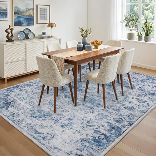 6x9 Washable Area Rug for Living Room, Boho Vintage Blue Rug, Soft Low Pile Non Slip Carpet, Floral Print Mat for Bedroom, Dinning Room,Playroom, Nursery Farmhouse Indoor-Blue/Gray - color: Blue/Grey, size: 6' x 9' (Rectangular)