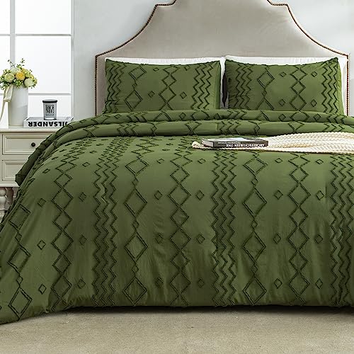 Andency Olive Green Tufted Comforter Set Queen(90x90Inch), 3 Pieces(1 Boho Comforter, 2 Pillowcases) Textured Farmhouse Bed, Soft Down Alternative Geometric Bedding Set - color: 10 - Olive Green, size: Queen(90"x90")