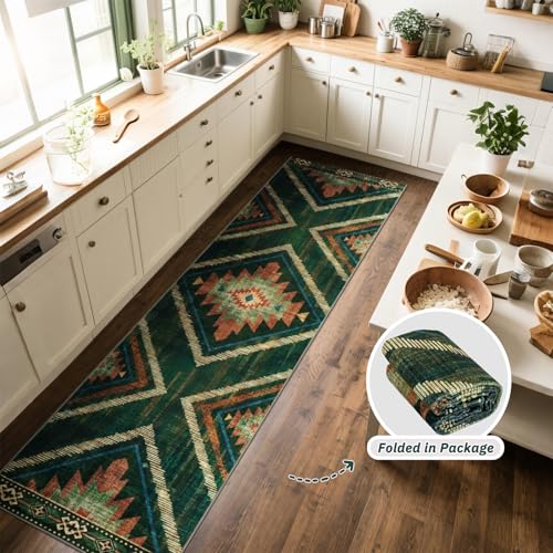 2x10Ft Boho Runner Rugs for Hallway Non Slip, Green Washable Kitchen Rugs, Soft Moroccan Farmhouse Entryway Runner, Low Pile Geometric Floor Carpet for Entrance Bedroom Home Decor - color: Green, size: 2' x 10' (Rectangular)