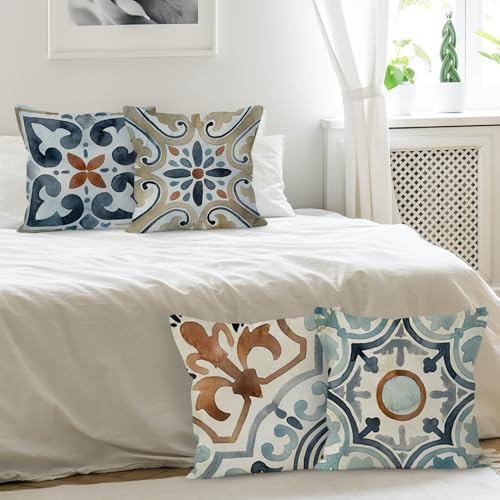 Boho Pillow Covers - 18x18, Watercolor Boho Vintage Retro Floral Mandala Linen Throw Pillow Covers Set of 4, Decorative for Living Room, Bed, Outdoor