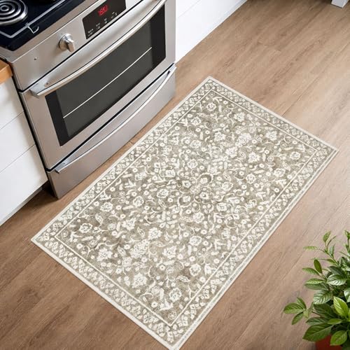 Vintage Entryway Rug Indoor, Beige Taupe Washable 2x3, Neutral Small Area Non-Slip Throw Accent Floral Kitchen Rug Print Faux Wool Super Soft Front Door Floor Carpet for Foyer Bedroom - color: Beige Taupe, size: 2' x 3' (Rectangular)