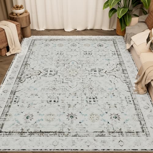 AMTOVO Area Rugs 5'x7' Washable Non-Slip, Vintage Boho Distressed Print Pattern Rugs for Living Room, Soft Low Pile Carpet for Bedroom Indoor Playroom Nursery Farmhouse Dining Room, Light Grey - color: Light Grey, size: 5' x 7' (Rectangular)