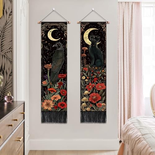 ARTCREATOR Pack of 2 Gothic Wall Decor Whimsical Dark Academia Decor, Black Cat Crow Tapestry Mystical Witchy Moon Vertical Tapestries for Bedroom Aesthetic Alt Room (12.8 x 51.2 inches) - color: Black