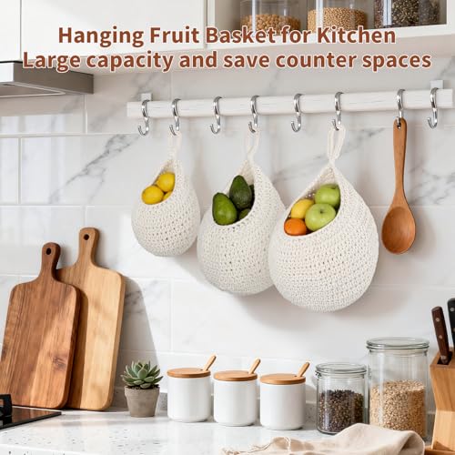 3 Pack Boho Decor Hanging Fruit Baskets with Hooks, Hand-woven Cotton Wall Storage Baskets for Fruit Vegetable Flower 3 Sizes, Hanging Holder Teardrop Produce Basket for Kitchen Organization, Beige - color: Beige, size: 3 Pack