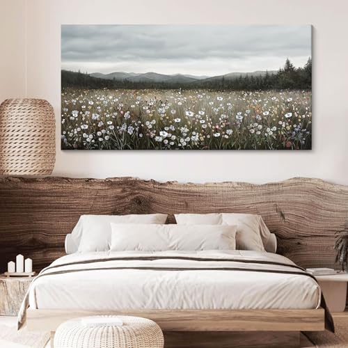 HGUAOA Vintage Landscape Wall Art for Bedroom and Living Room - Large Floral Artworks Farmhouse Wall Decor - Framed Neutral Nature Pictures - Above Bed Decor with Mountain Scenery 24×48IN - color: Vintage, size: 48"L x 24"W