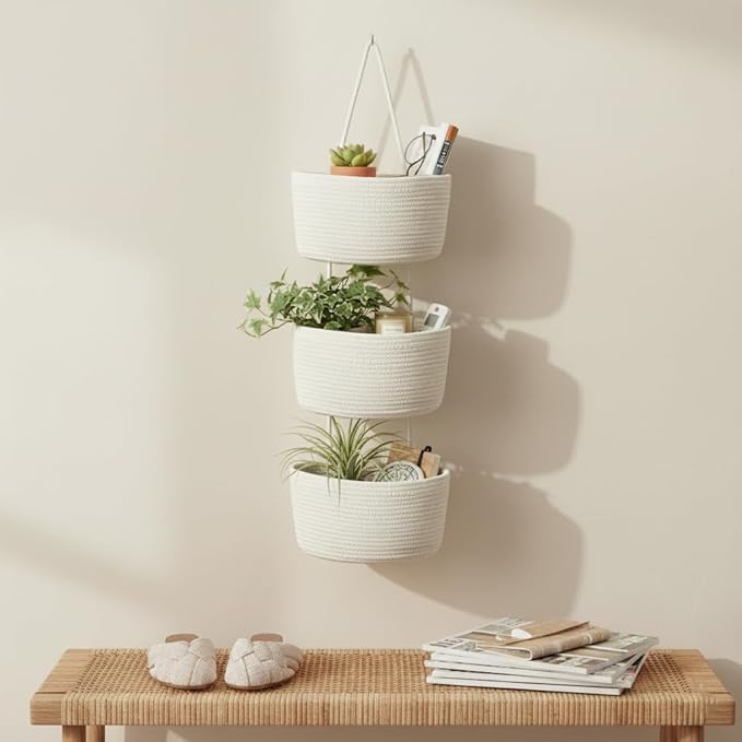 Over the Door Hanging Basket, Decorative Hanging Basket Storage, Organizing, Decorative Boho Decor for Nursery, Bedroom, Living Room with 4 Hooks, Whte