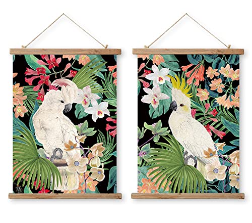 ABoby Vintage Hanging Parrot Posters, Decorative Wall Art Prints, Printed on Linen with Wood Frames, Ready to Hang - color: 2 Pack Parrot