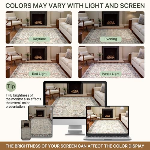 Bavni Area Rug 3x5, Non-Slip Washable Rugs for Living Room Office, Boho Distressed Printed Rug, Low Pile Foldable Decorative Carpet for Bedroom Kitchen Office, Ivory/Teal - color: Ivory/Teal, size: 3' x 5' (Rectangular)