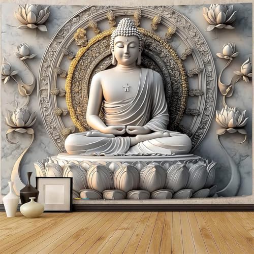 FENDROM Vintage Sitting Buddha Tapestry Wall Hanging Buddhist Statue Tapestries Lotus Meditation Wall Decor Psychedelic Indian Zen Art for Bedroom Living Room Home Decor - color: Beige, size: 59"L x 51"W