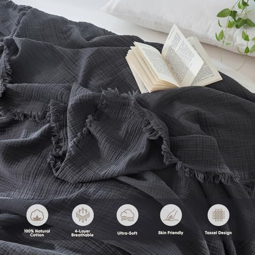 MooMee Muslin Blanket - 100% Cotton 4-Layer Gauze Throw Blanket with All-Around Fringe, Soft Breathable Lightweight Cooling Summer Blankets for Bed Couch (Dark Grey,Throw XL 50" x 70") - color: Dark Grey, size: Throw XL